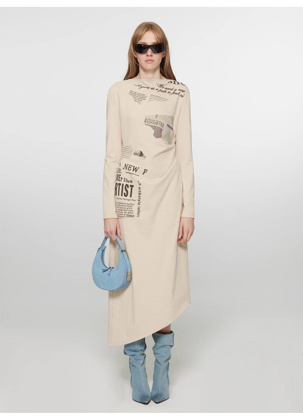 "Style in the City" Original Printed One-shoulder Bias-cut Dress Women's Pleated Waist Slimming Long Dress Spring