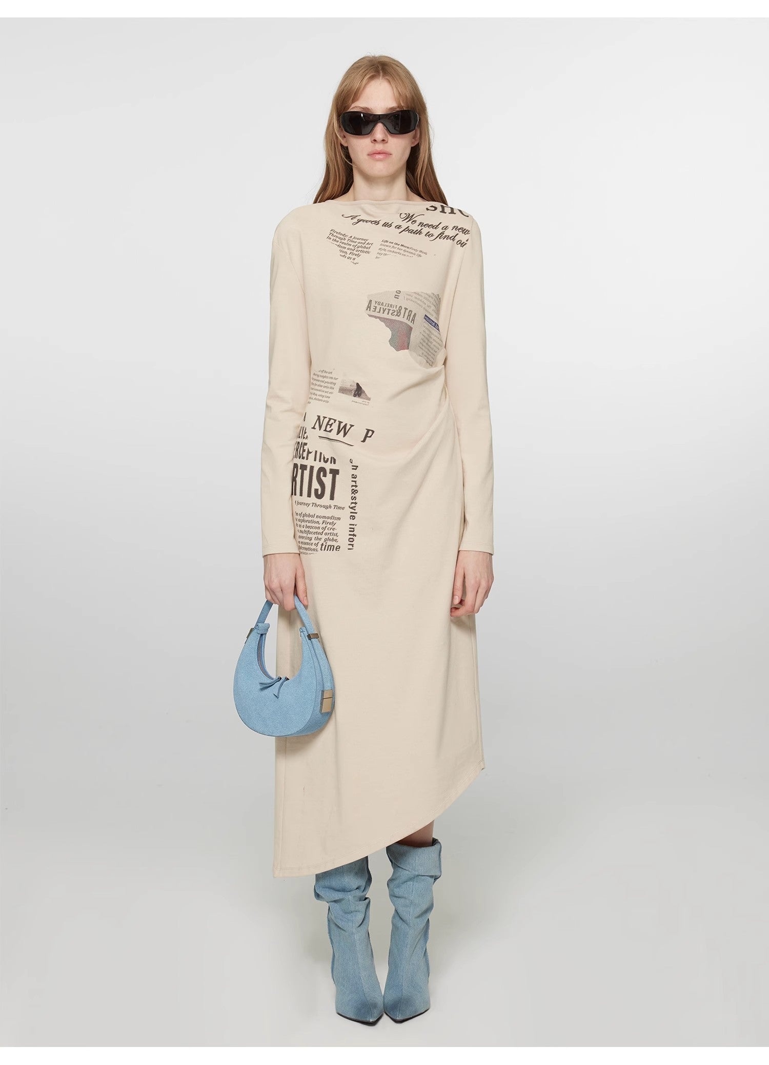 "Style in the City" Original Printed One-shoulder Bias-cut Dress Women's Pleated Waist Slimming Long Dress Spring