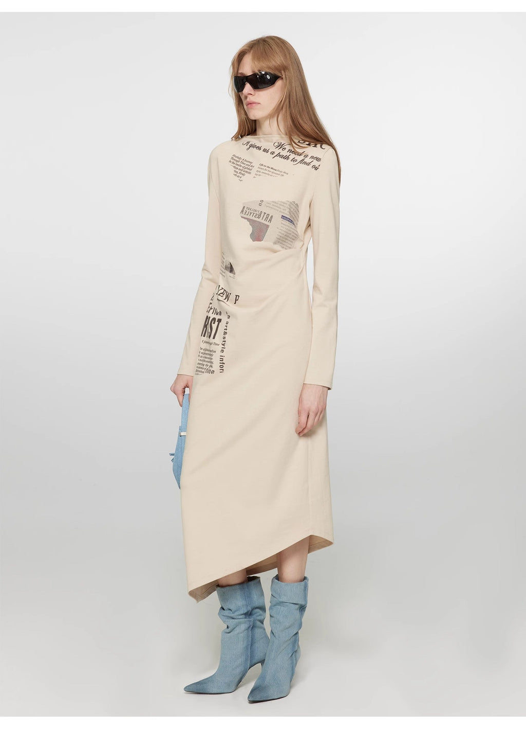 "Style in the City" Original Printed One-shoulder Bias-cut Dress Women's Pleated Waist Slimming Long Dress Spring