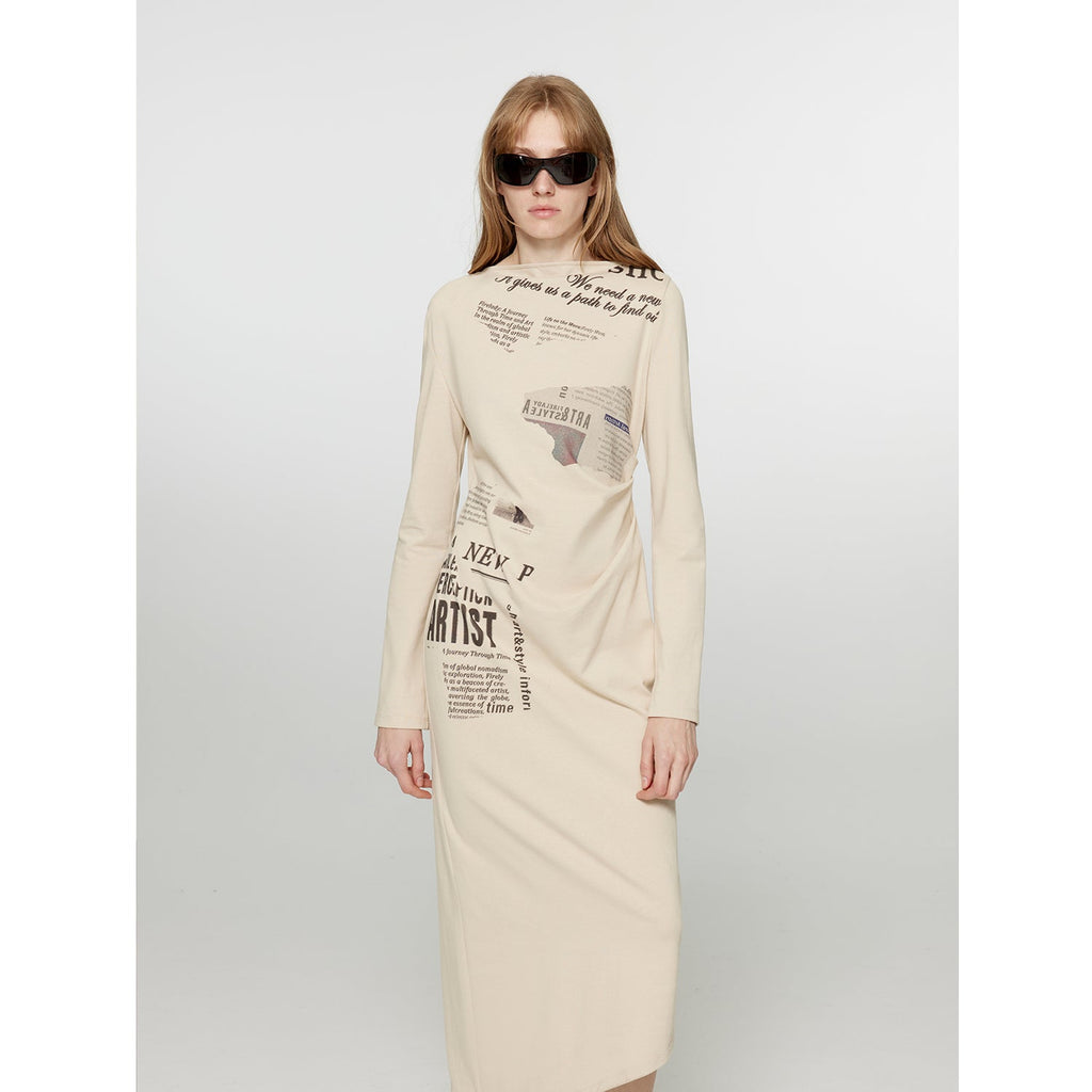 "Style in the City" Original Printed One-shoulder Bias-cut Dress Women's Pleated Waist Slimming Long Dress Spring