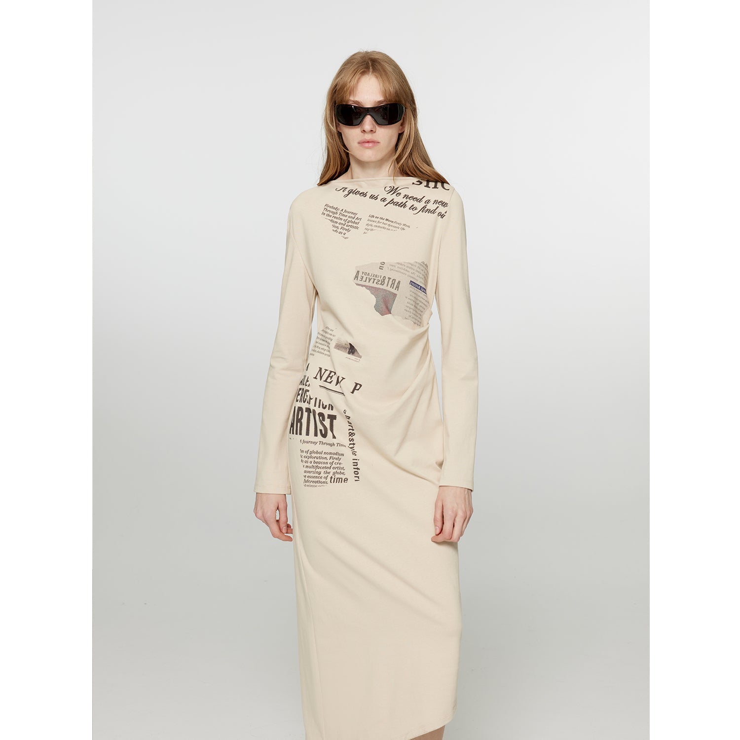 "Style in the City" Original Printed One-shoulder Bias-cut Dress Women's Pleated Waist Slimming Long Dress Spring